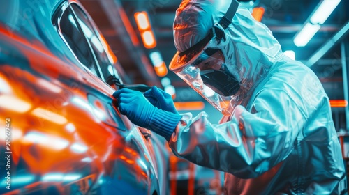 Wide-angle view of a car painter in full protective gear meticulously painting a car with a blend of blue and orange hues in a well-lit auto workshop. photo