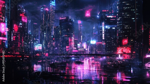 Cyberpunk city panorama showcasing a futuristic urban environment with glowing lights. Digital art. -