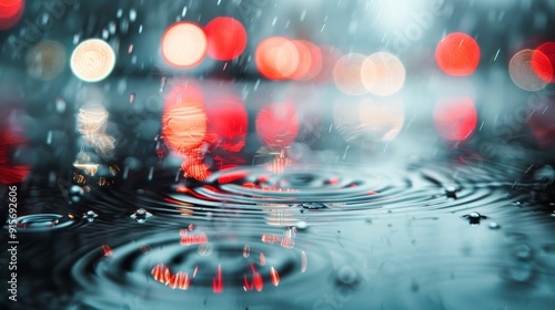 Ripples Created by Raindrops on Calm Water With Bokeh Background