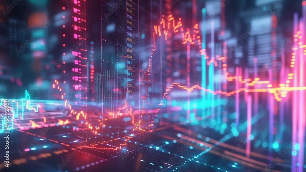 Closeup display background of colorful data and lights