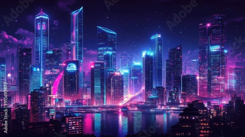 Wallpaper Mural Cyberpunk cityscape with bright neon lights and towering skyscrapers at night. Dark background with a panoramic view of futuristic urban design. Torontodigital.ca