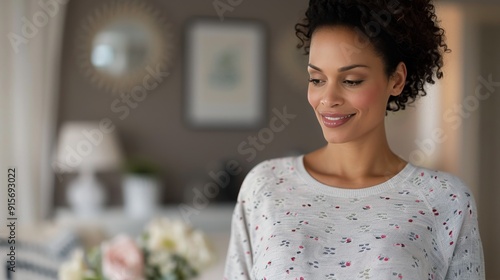 Expecting Mother Smiling in Cozy Living Room With Stylish Decor