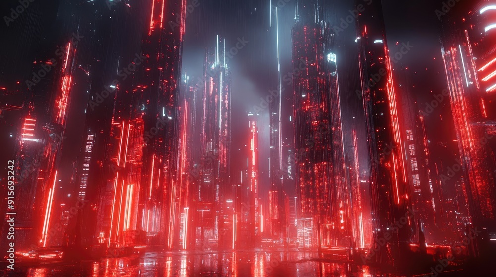Dark cyberpunk city illuminated by red neon lights and technology. 3D illustration with glowing elements and a high-tech atmosphere. Dark cyberpunk city illuminated by red neon lights and technology. 3D illustration with glowing elements and a high-tech atmosphere.