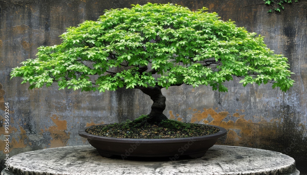 Bonsai with feathery leaves and a compact shape, set against a neutral backdrop to emphasize its form Bonsai with feathery leaves and a compact shape, set against a neutral backdrop to emphasize its form