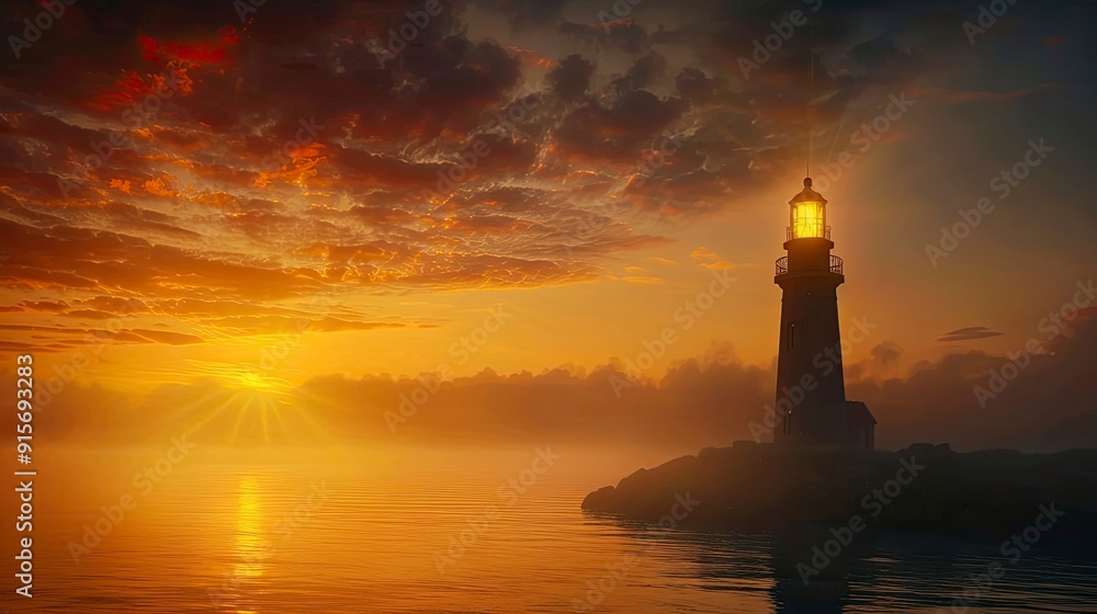 Ancient lighthouse illuminated by the warm glow of dawn. Ancient lighthouse illuminated by the warm glow of dawn.