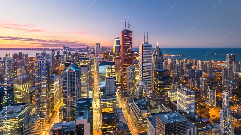 Obraz premium Skyline view of a vibrant city at sunset with illuminated buildings and a calm waterfront