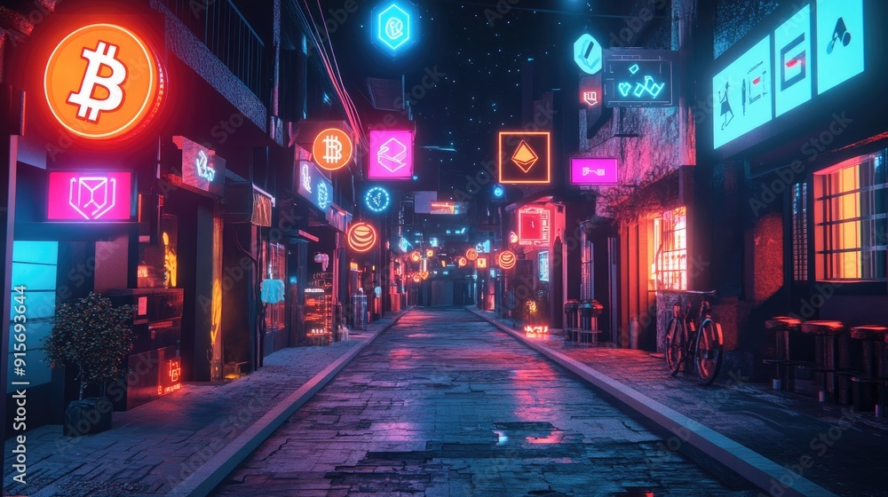 Fototapeta premium Digital illustration of a street in a metaverse city, featuring blockchain icons and neon lights.