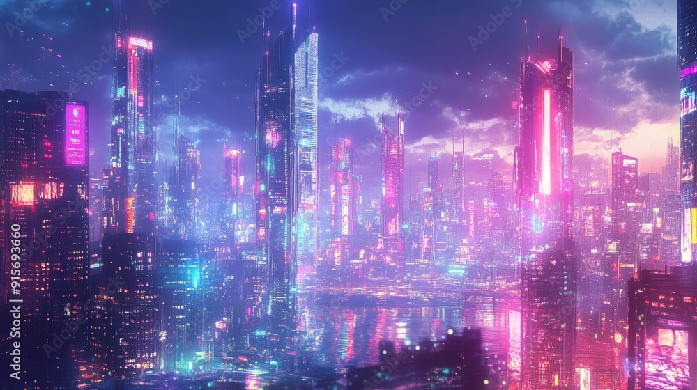 Obraz premium Digital neon buildings and bright lights in a futuristic urban skyline. Panoramic digital art.