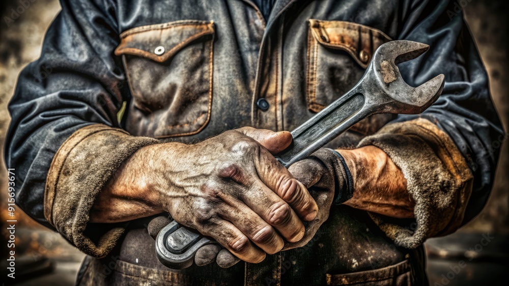 Close-up of grimy, grease-stained hands grasping a worn metal wrench, conveying a sense of hard work and dedication in a industrial or automotive setting. Close-up of grimy, grease-stained hands grasping a worn metal wrench, conveying a sense of hard work and dedication in a industrial or automotive setting.