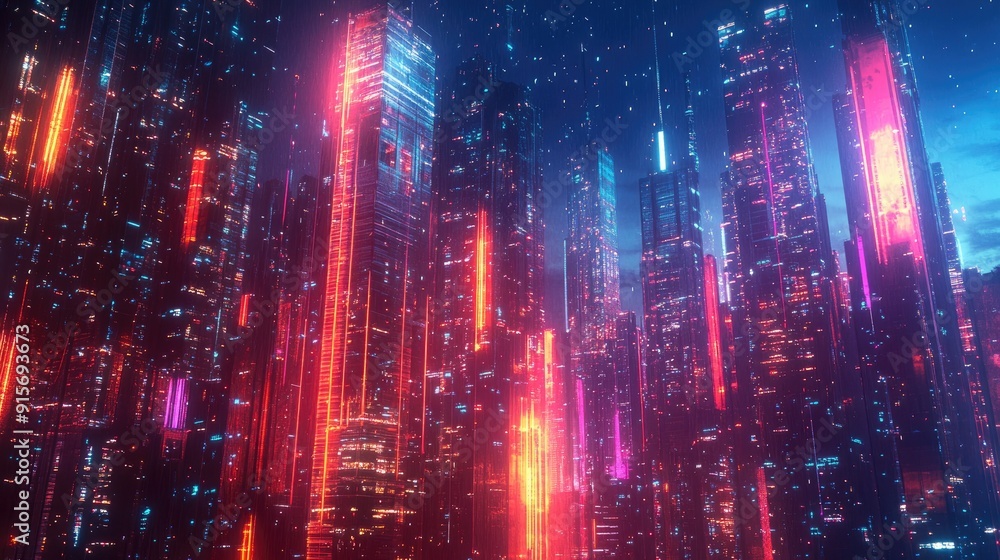 Digital neon buildings towering in a futuristic urban skyline. Vibrant lights and advanced architecture. Digital neon buildings towering in a futuristic urban skyline. Vibrant lights and advanced architecture.