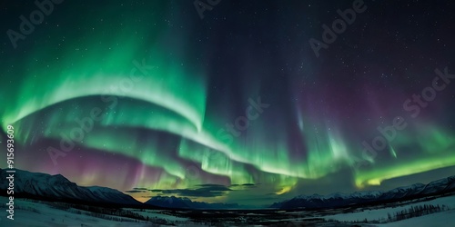 Northern panorama view of aurora in sky night full of beauties, combination of purple and green colors aurora borealis in unique landscape