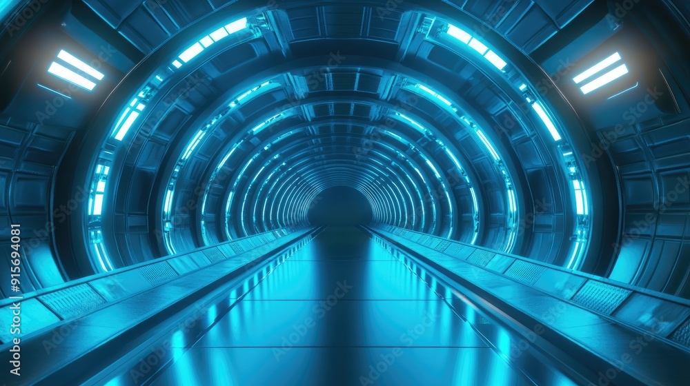 custom made wallpaper toronto digitalEndless reflective textured tunnel corridor with glowing blue lights, creating a futuristic atmosphere. 3D illustration.