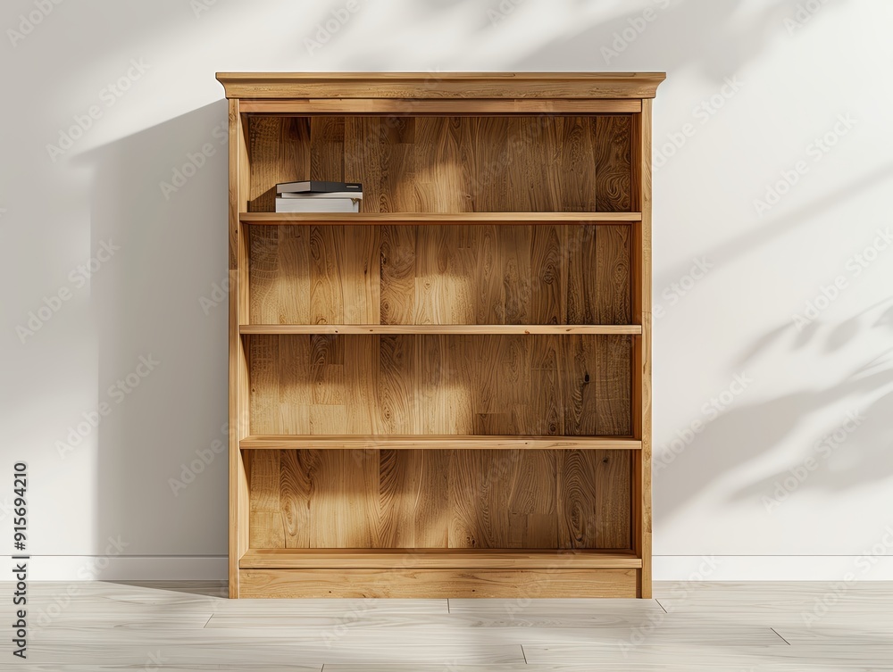 Fototapeta premium A stylish wooden bookshelf with empty shelves, perfect for displaying books and decorative items in modern interiors.