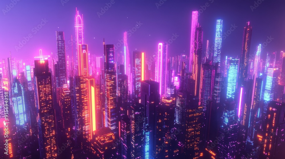 Obraz premium Futuristic 3D city with neon glow and vivid colors. Illustration of skyscrapers, downtown buildings, and megapolis.