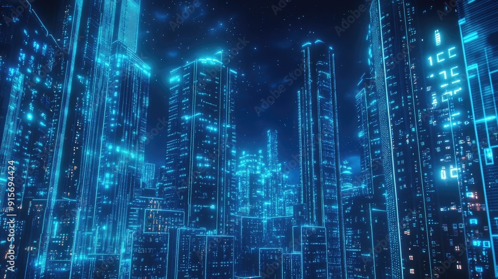 Obraz premium Futuristic city illuminated with neon blue lights and streaming binary code. Symbolizing advanced data flow and digital innovation.