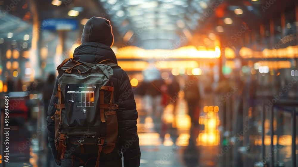 A traveler stands in an airport, wearing a backpack, as sunlight filters through, creating a warm and inviting atmosphere. A traveler stands in an airport, wearing a backpack, as sunlight filters through, creating a warm and inviting atmosphere.