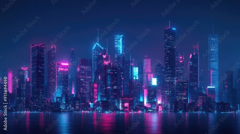 Futuristic city skyline at night with glowing neon lights and modern architecture. Dark panoramic background with a cyberpunk feel. Futuristic city skyline at night with glowing neon lights and modern architecture. Dark panoramic background with a cyberpunk feel.