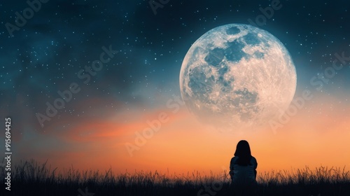 Person Contemplating Under Full Moon in Night Sky