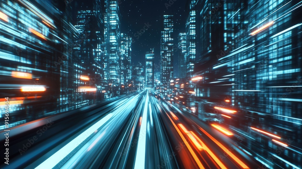 Futuristic city with a hyperloop moving at warp speed. 3D render of blurred building lights creating a dynamic, next-gen tech scene. Futuristic city with a hyperloop moving at warp speed. 3D render of blurred building lights creating a dynamic, next-gen tech scene.