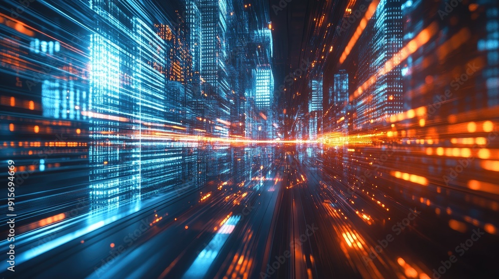 Fototapeta premium Futuristic city with a hyperloop moving at warp speed. 3D render of blurred building lights creating a dynamic, next-gen tech scene.