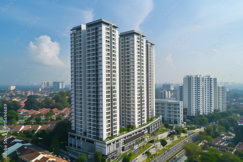Fototapeta premium 3D render of the Exterior Facade of Residential Skyscraper Apartment Condominium Flat Building Office Tower Real Estate Property Aerial View Drone View