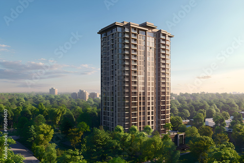 3D render of the Exterior Facade of Residential Skyscraper Apartment Condominium Flat Building Office Tower Real Estate Property Aerial View Drone View
