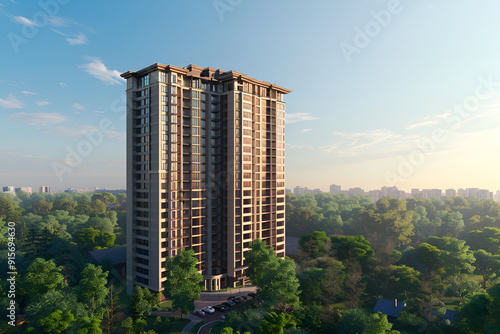 3D render of the Exterior Facade of Residential Skyscraper Apartment Condominium Flat Building Office Tower Real Estate Property Aerial View Drone View