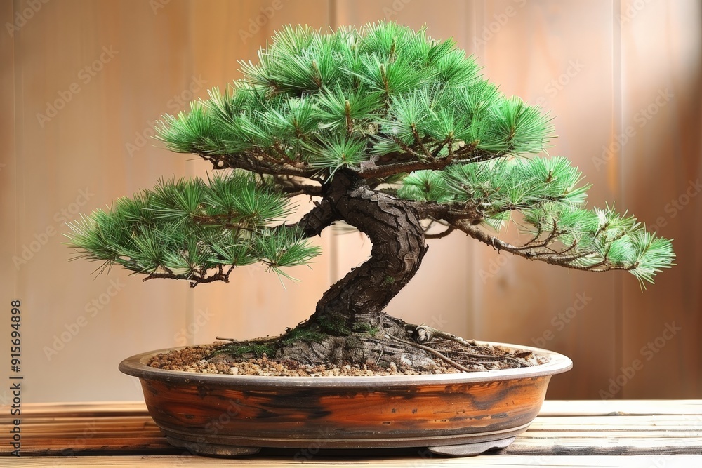 Bonsai with delicate needles and a compact shape, styled in an artistic manner against a plain backdrop Bonsai with delicate needles and a compact shape, styled in an artistic manner against a plain backdrop