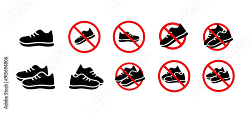 Shoe icons. No shoes allowed icon set. Please remove your shoes sign. Please take off your shoes illustration. Vector no shoes symbol.