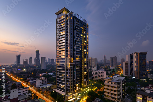 3D render of the Exterior Facade of Residential Skyscraper Apartment Condominium Flat Building Office Tower Real Estate Property Aerial View Drone View