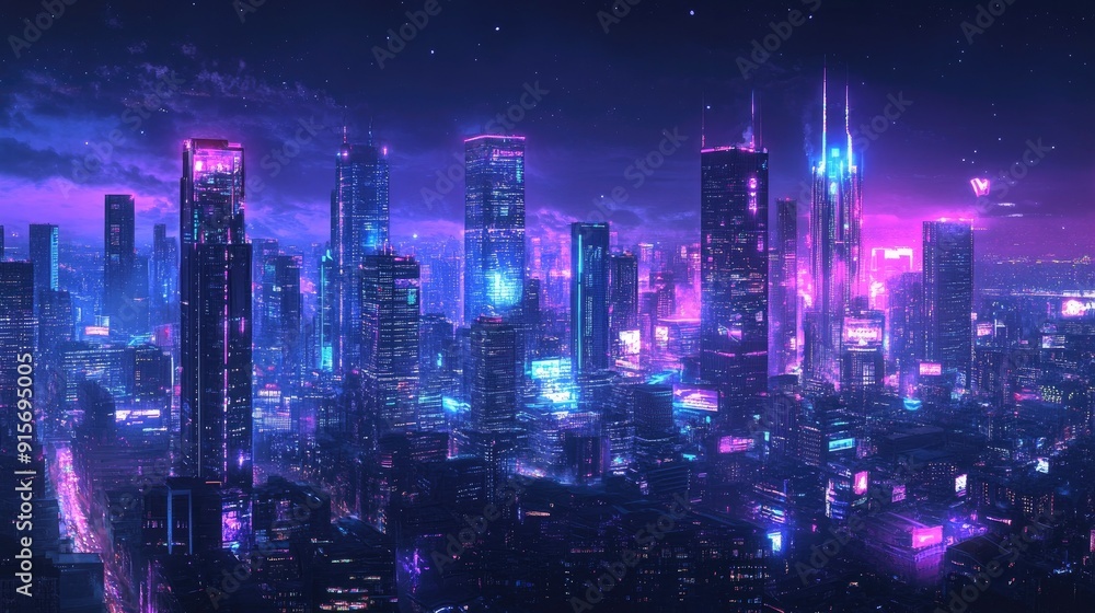 Futuristic cityscape with bright neon lights and modern skyscrapers against a dark night sky. Cyberpunk-themed panoramic view of the urban environment. Futuristic cityscape with bright neon lights and modern skyscrapers against a dark night sky. Cyberpunk-themed panoramic view of the urban environment.