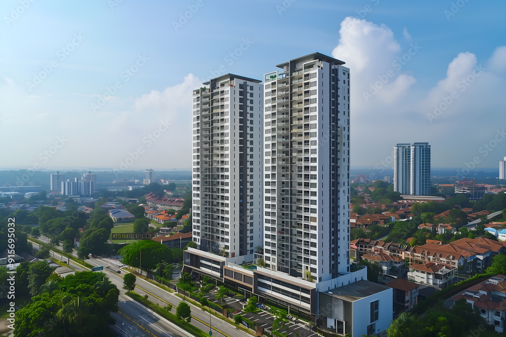 Fototapeta premium 3D render of the Exterior Facade of Residential Skyscraper Apartment Condominium Flat Building Office Tower Real Estate Property Aerial View Drone View