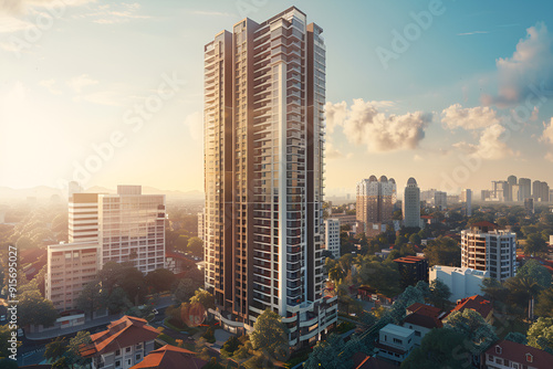 3D render of the Exterior Facade of Residential Skyscraper Apartment Condominium Flat Building Office Tower Real Estate Property Aerial View Drone View