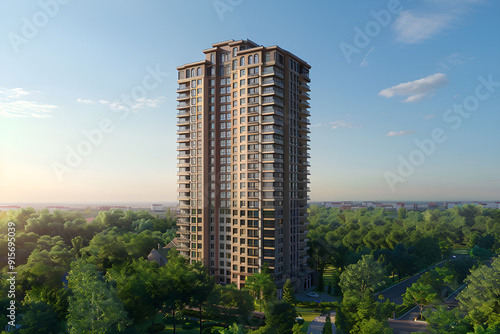 3D render of the Exterior Facade of Residential Skyscraper Apartment Condominium Flat Building Office Tower Real Estate Property Aerial View Drone View