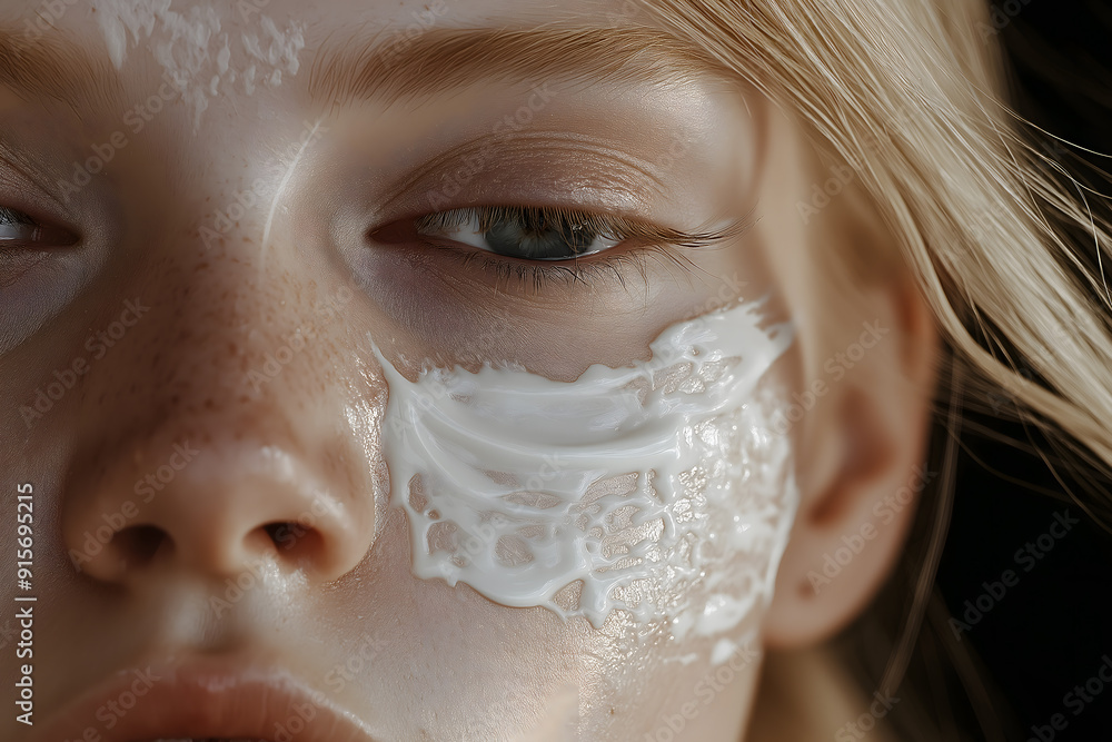 Fototapeta premium Close-Up of Blonde Girl's Skin with Face Cream Applied