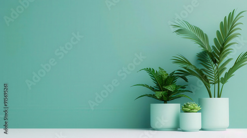 Modern interior scene featuring stylish potted plants against a soothing green wall for a fresh, vibrant atmosphere.