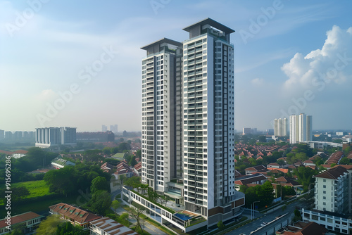 3D render of the Exterior Facade of Residential Skyscraper Apartment Condominium Flat Building Office Tower Real Estate Property Aerial View Drone View