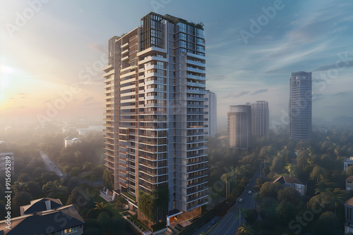 3D render of the Exterior Facade of Residential Skyscraper Apartment Condominium Flat Building Office Tower Real Estate Property Aerial View Drone View