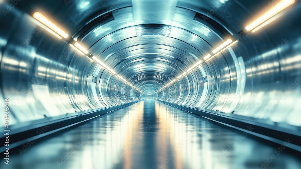 Futuristic endless tunnel with reflective textures and bright glowing lights. Futuristic endless tunnel with reflective textures and bright glowing lights.