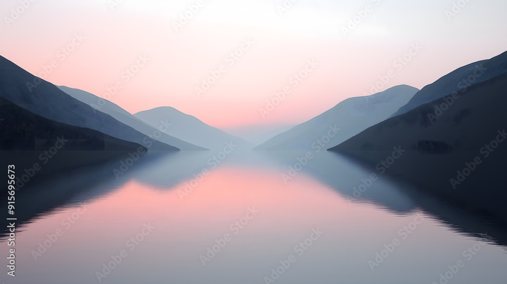 Evening Tranquility by the Lake: Soft Sunset Hues and Distant Mountains Evening Tranquility by the Lake: Soft Sunset Hues and Distant Mountains
