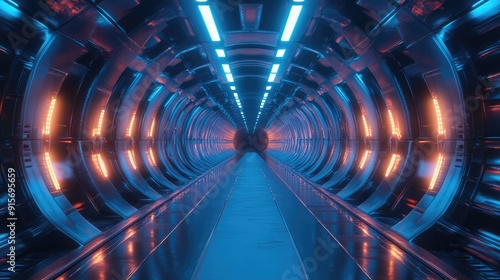 Futuristic endless tunnel with reflective textures and bright, glowing lights.