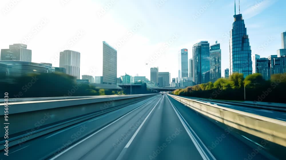 Daytime City Skyline with Fast-Moving Overpass Daytime City Skyline with Fast-Moving Overpass