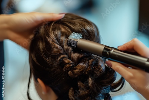 Stylist Carefully Braiding Elegant Updo Hairdo for Special Occasion in Bright Salon