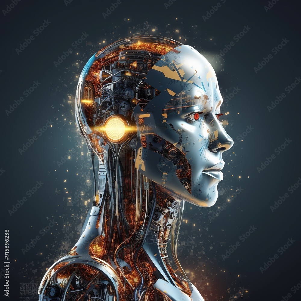 Futuristic robot head with glowing details. Futuristic robot head with glowing details.