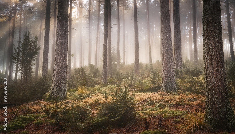 Fototapeta premium A dense, misty forest filled with towering pine trees, where soft, ethereal light filters through the fog, creating a serene and mystical atmosphere.