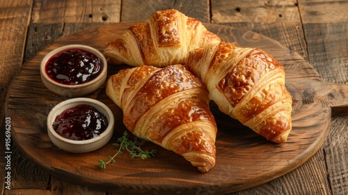 Three Croissants with Jam on a Wooden Cutting Board