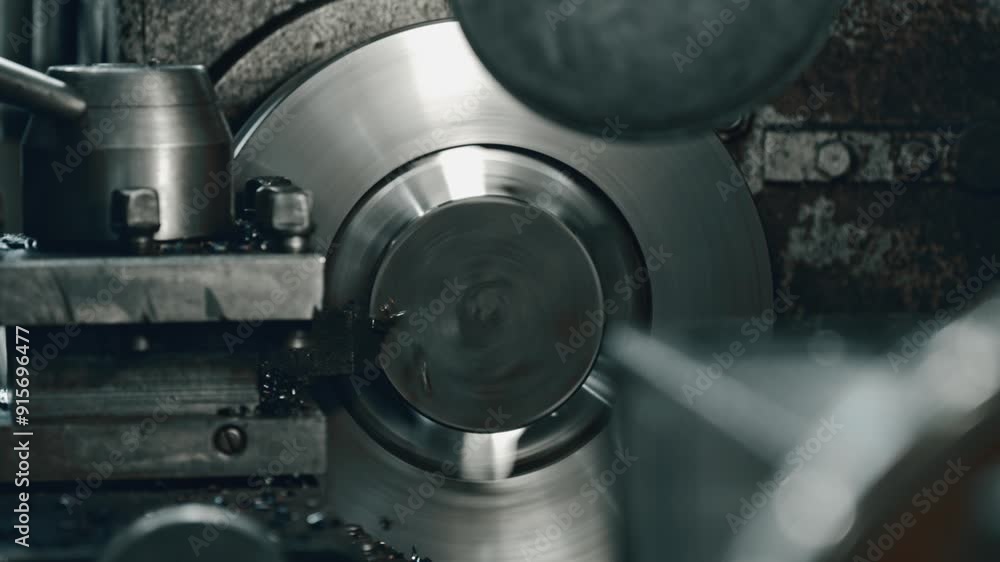 Metalworking lathe crafting precise industrial components, showcasing rotating metal part being machined in a workshop Metalworking lathe crafting precise industrial components, showcasing rotating metal part being machined in a workshop