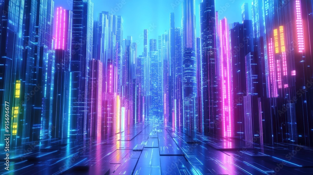 Futuristic skyline with neon-lit skyscrapers and digital architecture creating a vibrant cityscape. Digital art. Futuristic skyline with neon-lit skyscrapers and digital architecture creating a vibrant cityscape. Digital art.