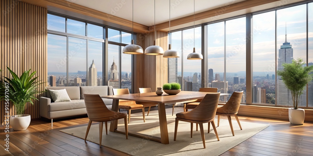 Fototapeta premium Contemporary dining room interior features sleek wooden furniture, large windows, and a stunning urban cityscape view, set against a calming light background.