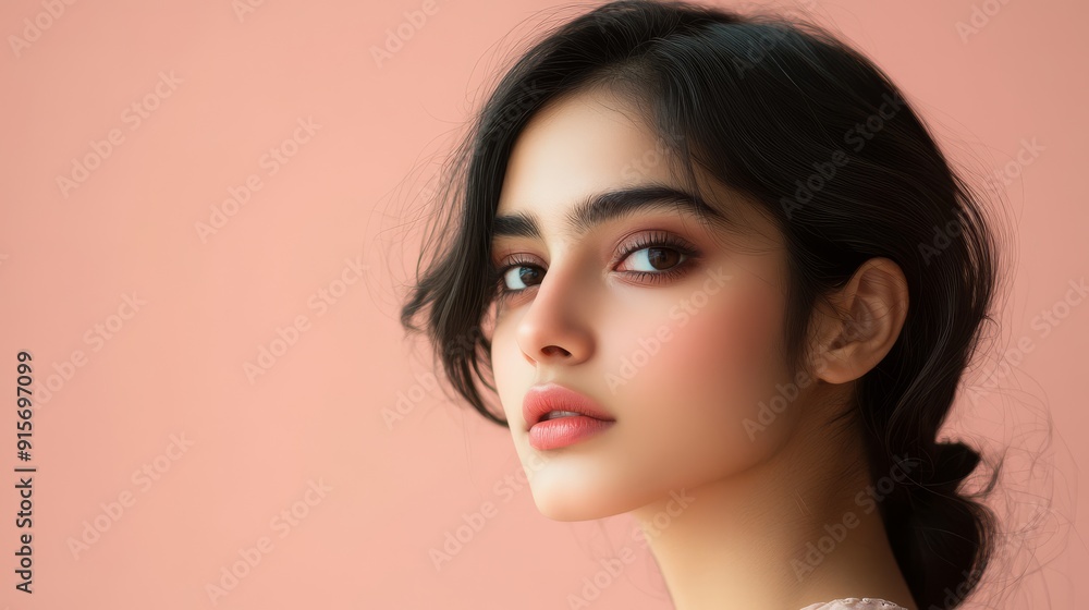 A young model with expressive eyes gazes thoughtfully into the distance A young model with expressive eyes gazes thoughtfully into the distance